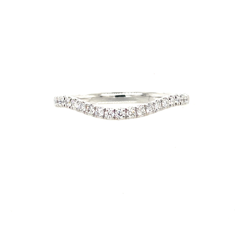 14 KARAT WHITE GOLD CURVED PAVE' DIAMOND ANNIVERSARY RING SIZE 6.5 WITH 21=0.20TW ROUND G-H COLOR SI1 CLARITY DIAMONDS   (2.10 GRAMS)