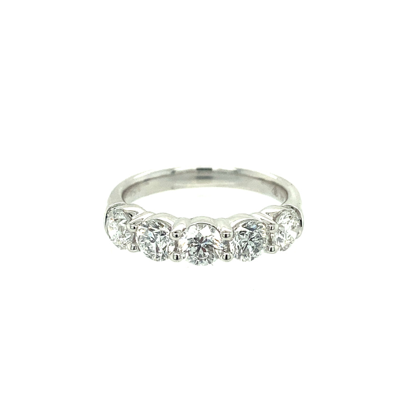 14K WHITE GOLD PRONG SET DIAMOND ANNIVERSARY RING SIZE 6.75 WITH 5=1.53TW ROUND H-I I1 DIAMONDS  (4.38 GRAMS)