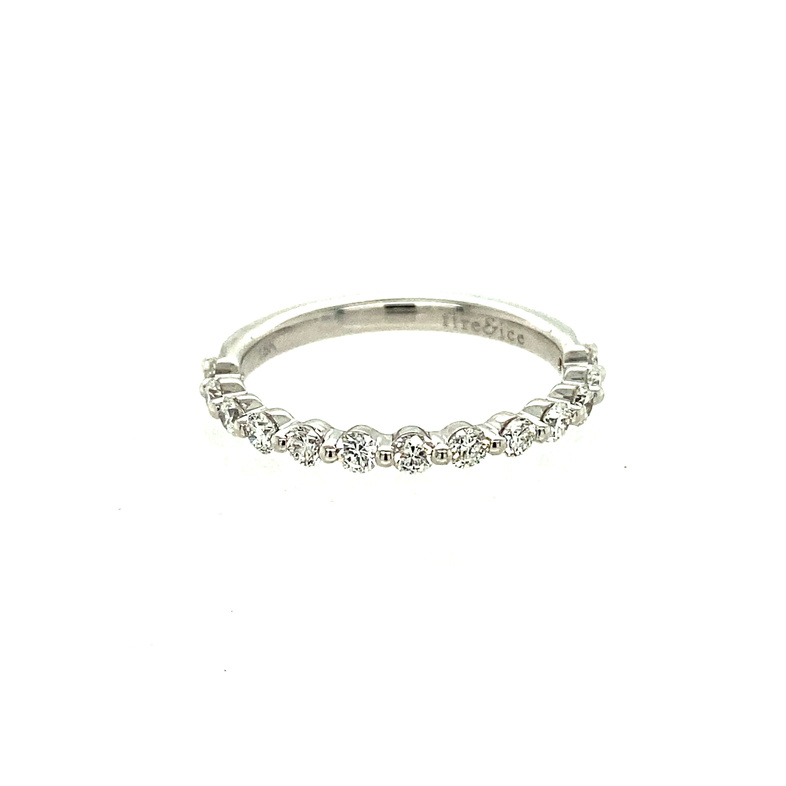FIRE & ICE 18K WHITE GOLD SHARED PRONG DIAMOND ANNIVERSARY RING SIZE 6.5 WITH 13=0.50TW ROUND I-J SI1 DIAMONDS