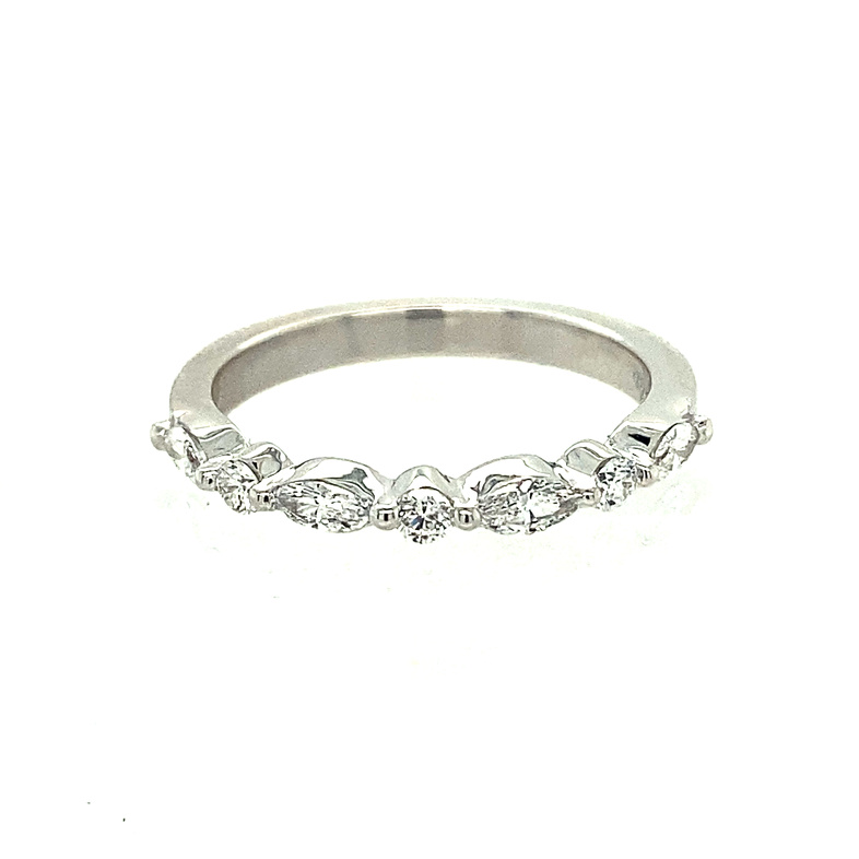 14K WHITE GOLD SHARED PRONG DIAMOND ANNIVERSARY RING SIZE 7 WITH 4= MARQUISE H-I SI2 DIAMONDS AND 3= ROUND H-I SI2 DIAMONDS 0.42TW