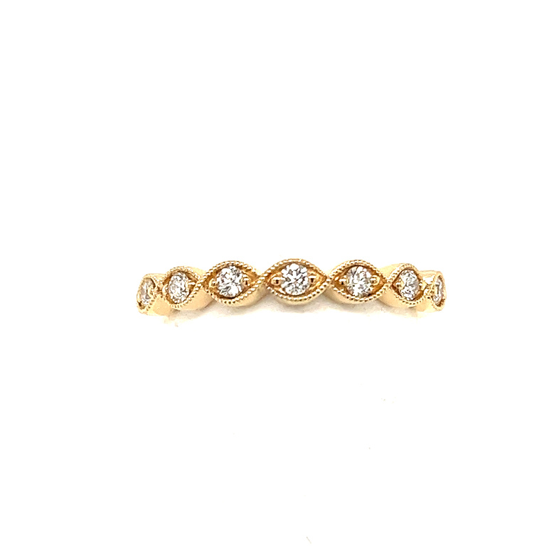 14K YELLOW GOLD MILGRAIN STACKABLE DIAMOND ANNIVERSARY RING SIZE 6.5 WITH 7=0.20TW ROUND G-H VS2-SI1 DIAMONDS   (2.36 GRAMS)