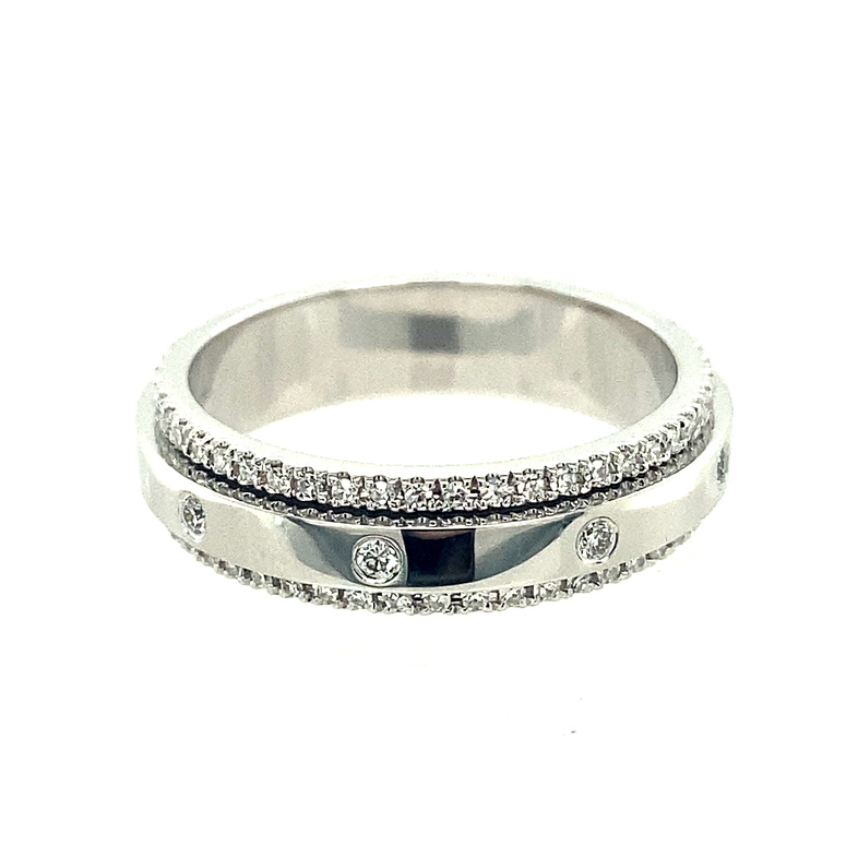 SHY CREATION POLISHED 14K WHITE GOLD ETERNITY SPINNER DIAMOND FASHION RING SIZE 7 WITH 8=0.42TW ROUND H-I I1 DIAMONDS AND 102= SINGLE CUT I I1 DIAMONDS