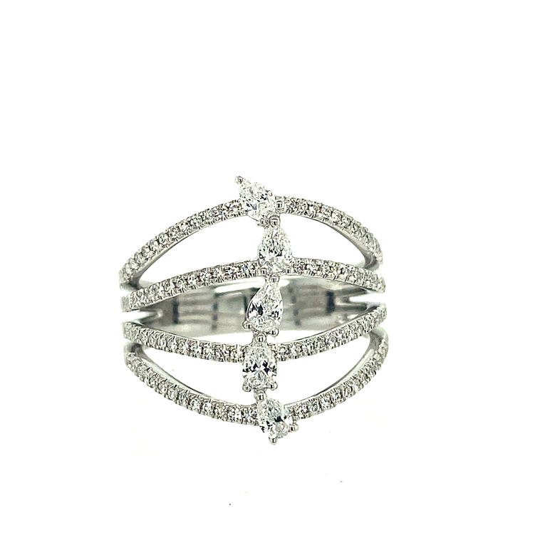 SHY CREATION 14K WHITE GOLD DIAMOND FASHION RING SIZE 7 WITH 5=0.64TW PEAR I I1 DIAMONDS AND 103= SINGLE CUT I I1 DIAMONDS