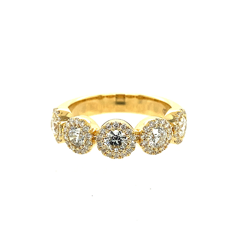 18K YELLOW GOLD HALO DIAMOND FASHION RING SIZE 7 WITH 75=1.35TW ROUND H-I I1 DIAMONDS   (6.58 GRAMS)