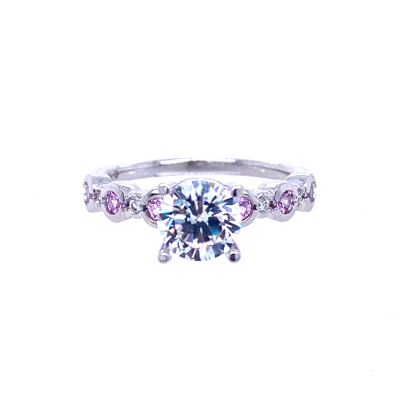 14K WHITE GOLD TIFFANY SEMI-MOUNT RING SIZE 6.5 WITH 6=0.06TW ROUND G-H VS2-SI1 DIAMONDS AND 6=2.00MM ROUND PINK SAPPHIRES