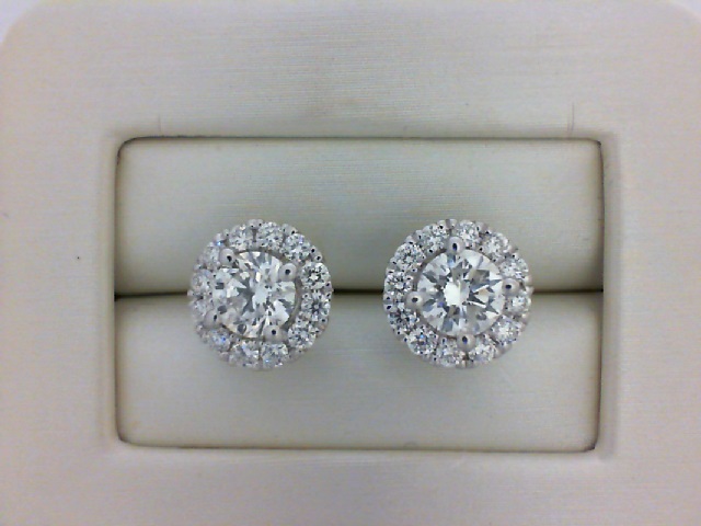 14K WHITE GOLD HALO DIAMOND EARRINGS WITH 2=1.00TW ROUND G-H SI2-I1 DIAMONDS AND 24=0.45TW ROUND G-H SI2-I1 DIAMONDS   (2.03 GRAMS)