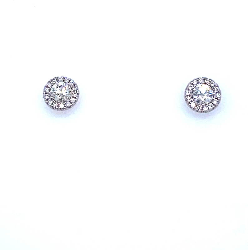 14 KARAT WHITE GOLD HALO DIAMOND EARRINGS WITH 2=0.36TW ROUND DIAMONDS AND 28=0.14TW ROUND G-H COLOR I1 CLARITY DIAMONDS