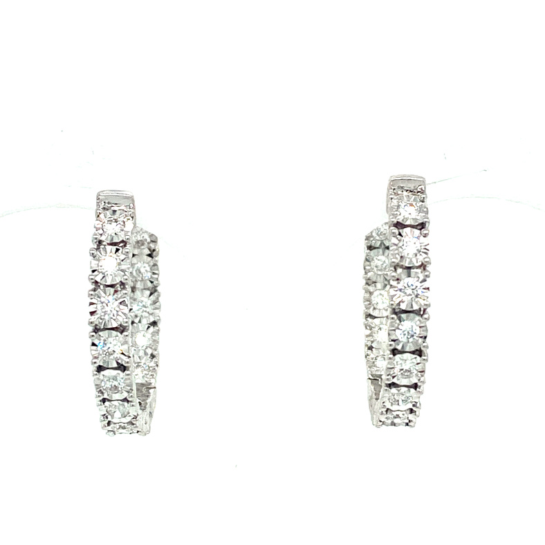 14 KARAT WHITE GOLD INSIDE OUT HOOP DIAMOND EARRINGS WITH 26=0.50TW ROUND H-I I1 DIAMONDS