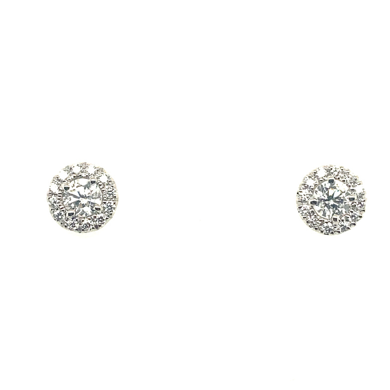 14 KARAT WHITE GOLD CLUSTER DIAMOND EARRINGS WITH 2=0.50TW ROUND DIAMONDS AND 24=0.25TW ROUND G-H-I COLOR SI3-I1 CLARITY DIAMONDS   (1.36 GRAMS)