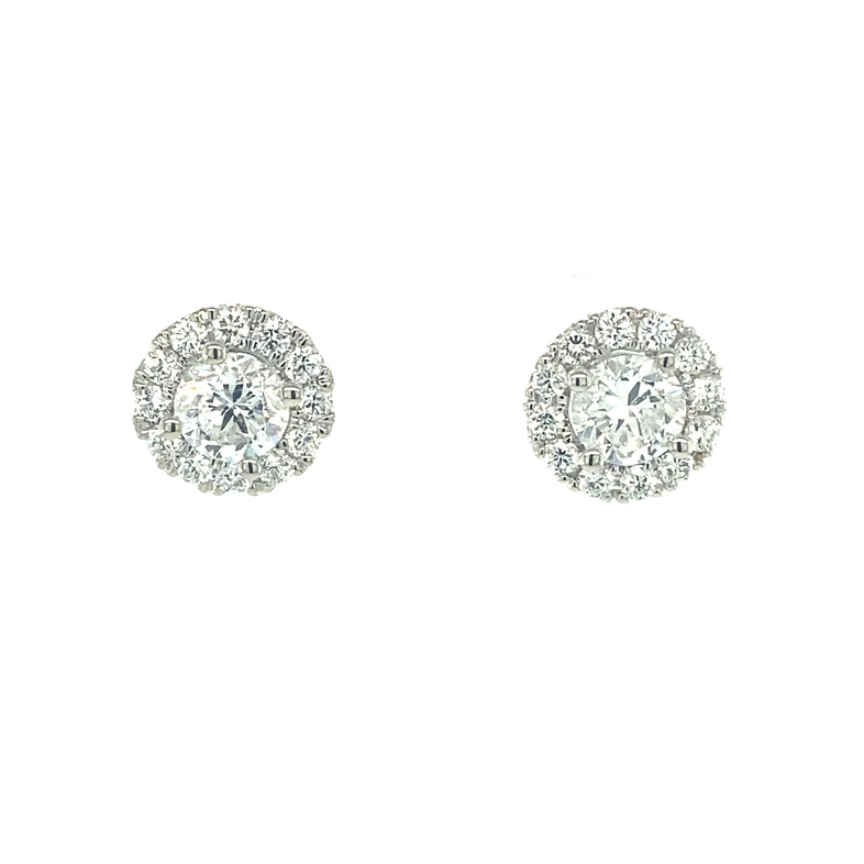 14K WHITE GOLD HALO DIAMOND EARRINGS WITH 2=1.00TW ROUND G-H SI2-I1 DIAMONDS AND 24=0.45TW ROUND G-H SI2-I1 DIAMONDS