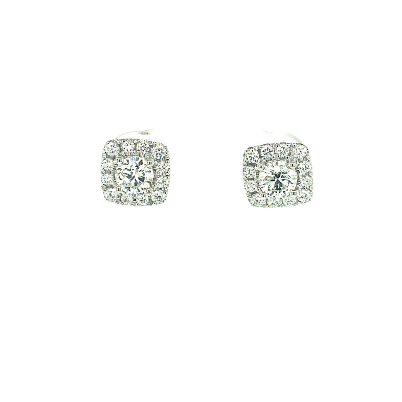 FIRE & ICE 18K WHITE GOLD STUD DIAMOND EARRINGS WITH 2=0.65TW ROUND I-J SI1 DIAMONDS AND 24=0.35TW ROUND I-J SI1 DIAMONDS