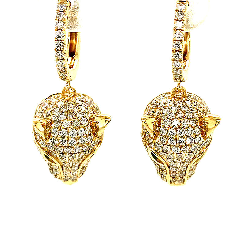 14K YELLOW GOLD DANGLE PANTHER DIAMOND EARRINGS WITH 230=1.66TW ROUND G-H SI2 DIAMONDS AND 4=0.04TW ROUND EMERALDS