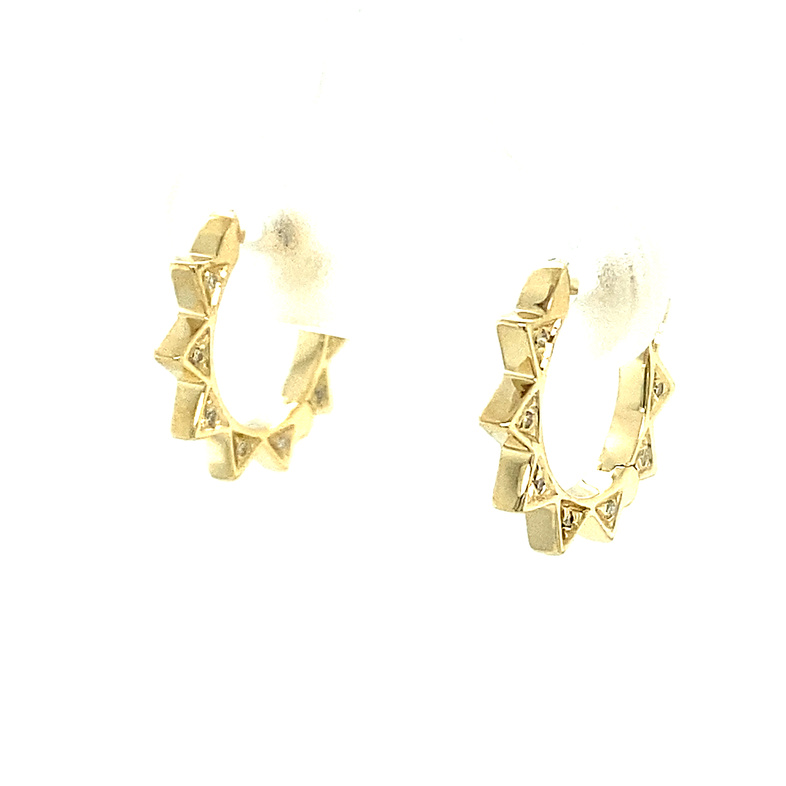 SHY CREATION 14K YELLOW GOLD SPIKE HUGGIE DIAMOND EARRINGS WITH 32=0.06TW SINGLE CUT I I1 DIAMONDS