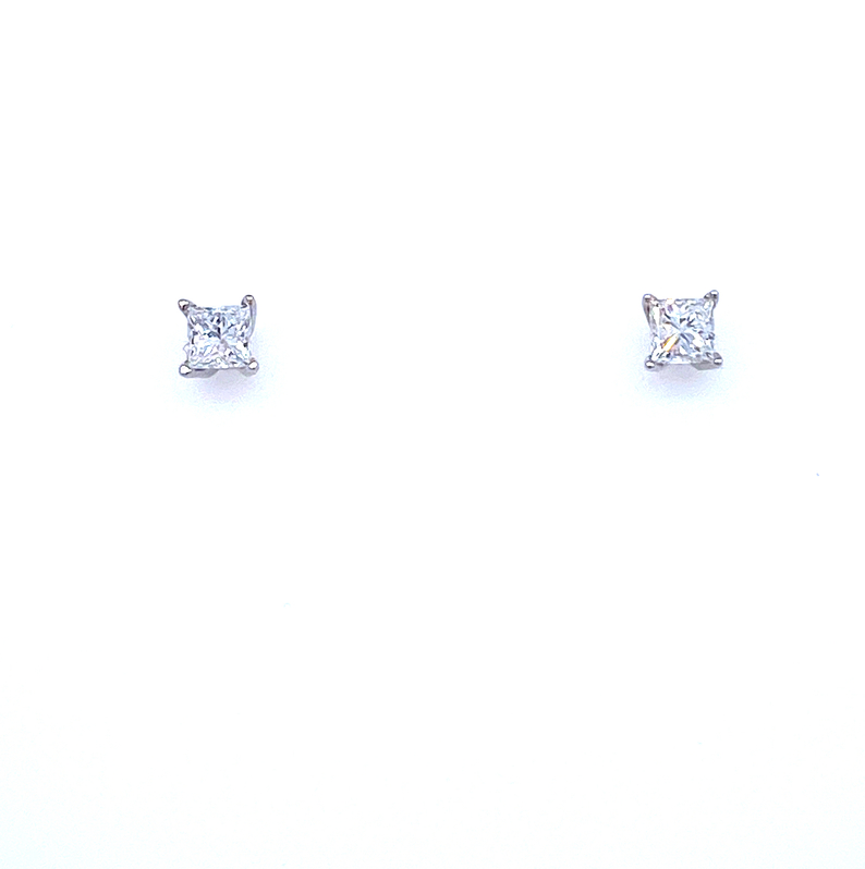 14K WHITE GOLD STUD DIAMOND EARRINGS WITH 2=0.30TW PRINCESS G-H I1 DIAMONDS WITH THREADED POSTS