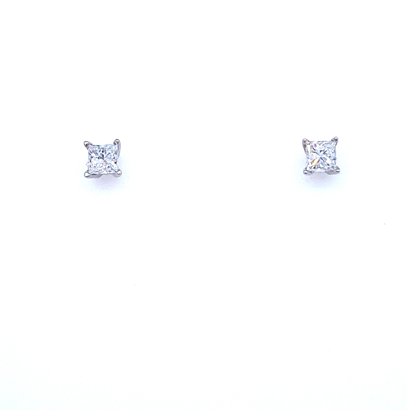 14 KARAT WHITE GOLD STUD DIAMOND EARRINGS WITH 2=0.50TW PRINCESS G-H COLOR I1 CLARITY DIAMONDS SCREW BACKS