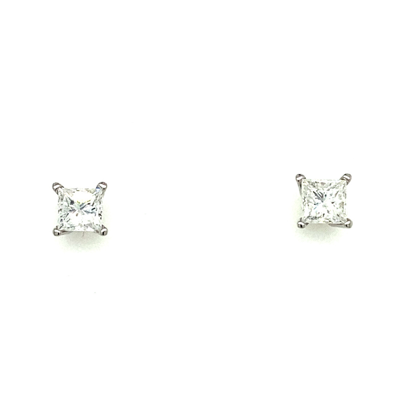 14K WHITE GOLD STUD DIAMOND EARRINGS WITH 2=1.28TW PRINCESS G-H I1 DIAMONDS