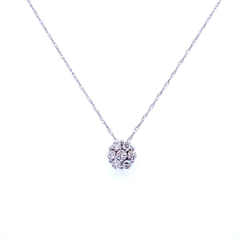 14 KARAT WHITE GOLD CLUSTER DIAMOND PENDANT LENGTH 18 WITH 7=0.23TW ROUND H-I COLOR I1 CLARITY DIAMONDS