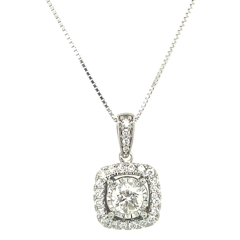 14K WHITE GOLD HALO DIAMOND PENDANT WITH 25=0.50TW ROUND H-I I1 DIAMONDS 18