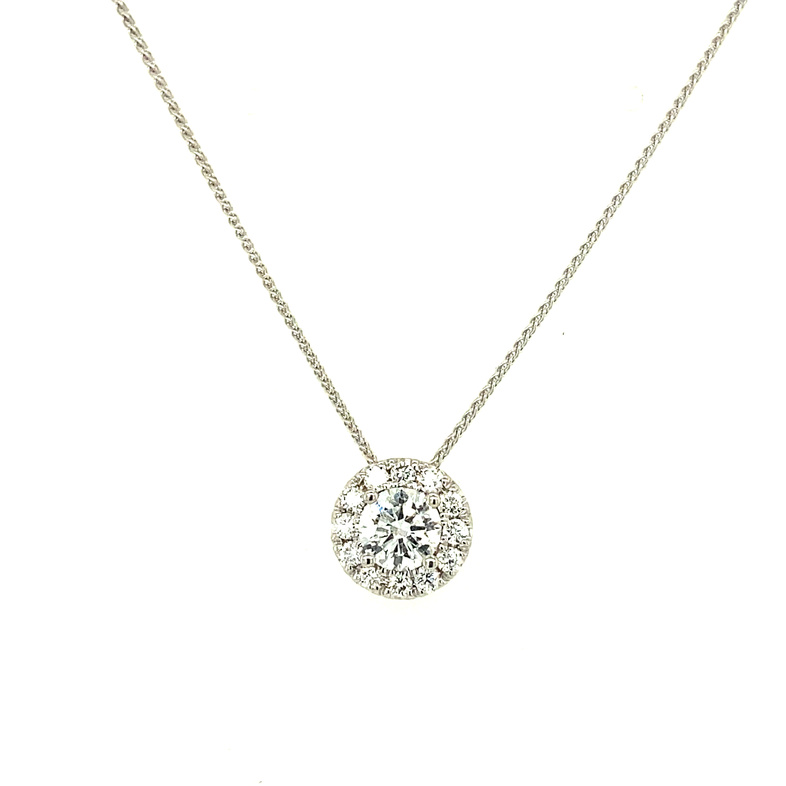 14K WHITE GOLD HALO DIAMOND PENDANT  WITH ONE 0.50CT ROUND G-H SI2 DIAMOND AND 12=0.25TW ROUND G-H SI2 DIAMONDS 18