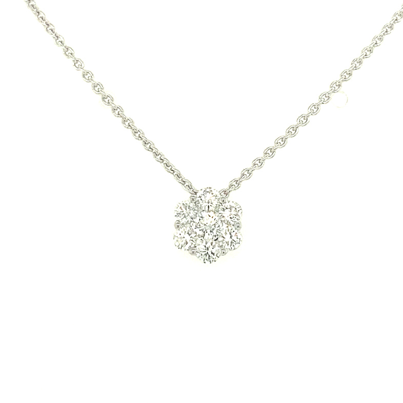 FIRE & ICE 18K WHITE GOLD CLUSTER DIAMOND PENDANT WITH 7=0.50TW ROUND I-J SI1 DIAMONDS 18