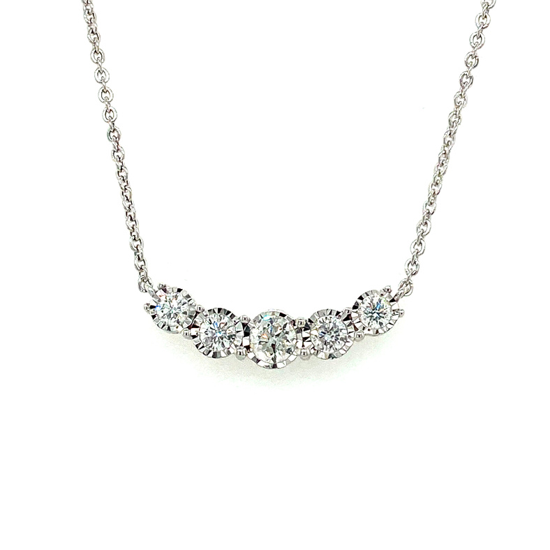 14K WHITE GOLD CURVED BAR DIAMOND NECKLACE WITH 5=0.95TW ROUND H-I I1 DIAMONDS ON A 14KT WHITE GOLD 16