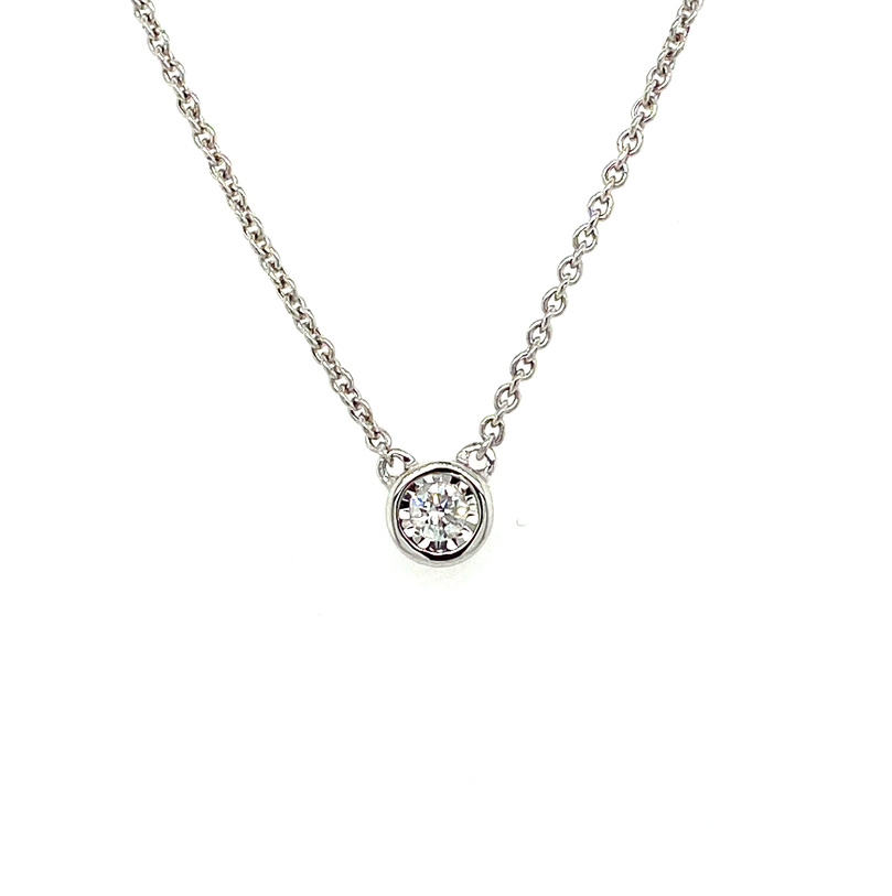 14K WHITE GOLD SOLITAIRE DIAMOND NECKLACE WITH ONE 0.10CT ROUND H-I I1 DIAMOND 16