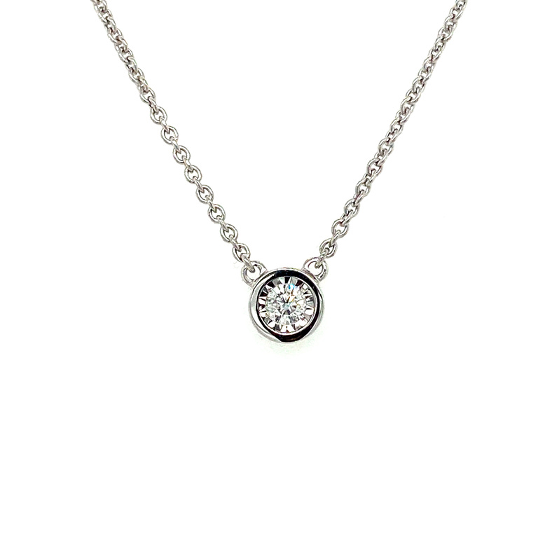 14K WHITE GOLD SOLITAIRE DIAMOND NECKLACE WITH ONE 0.16CT ROUND H-I I1 DIAMOND 16