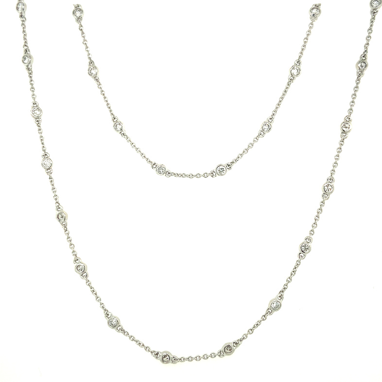 14K WHITE GOLD BEZEL DIAMOND NECKLACE WITH 66=2.03TW ROUND H-I I1 DIAMONDS ON A 14KT 36