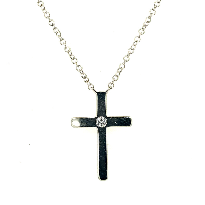 SHY CREATION POLISHED 14K WHITE GOLD CROSS DIAMOND NECKLACE WITH ONE 0.03CT ROUND I I1 DIAMOND 18