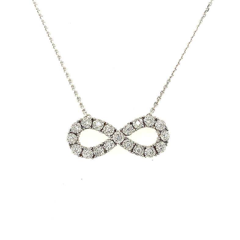 14K WHITE GOLD INFINITY DIAMOND NECKLACE WITH 19=0.10TW ROUND I I1 DIAMONDS 18