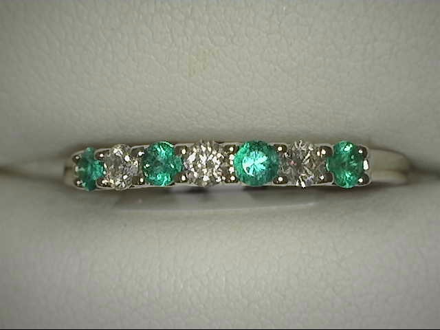 POLISHED 14K WHITE GOLD RING SIZE 6.5 WITH 4=0.28TW ROUND GREEN EMERALDS AND 3=0.22TW ROUND G-H VS2 DIAMONDS