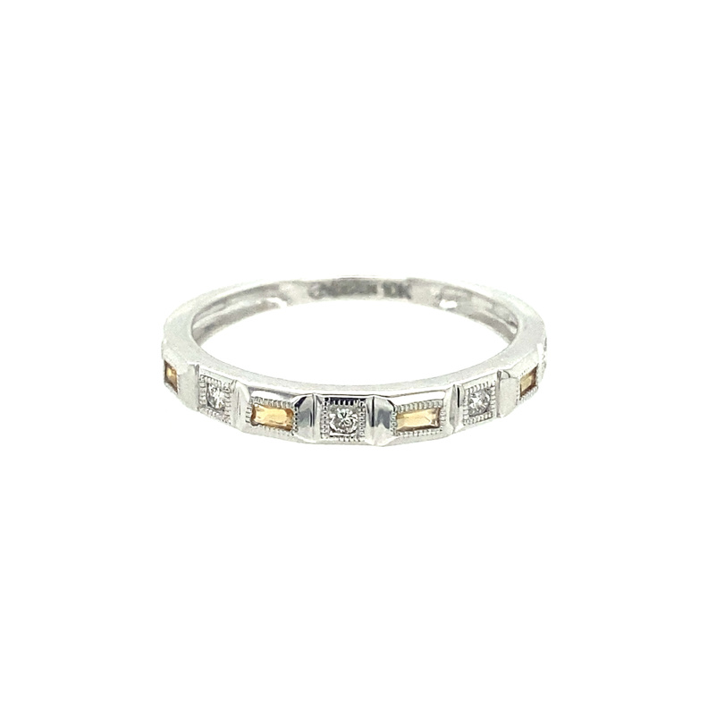 10 KARAT WHITE GOLD STACKABLE RING SIZE 6.5 WITH 4=0.06TW BAGUETTE CITRINES AND 5=0.07TW ROUND H-I COLOR SI2-I1 CLARITY DIAMONDS