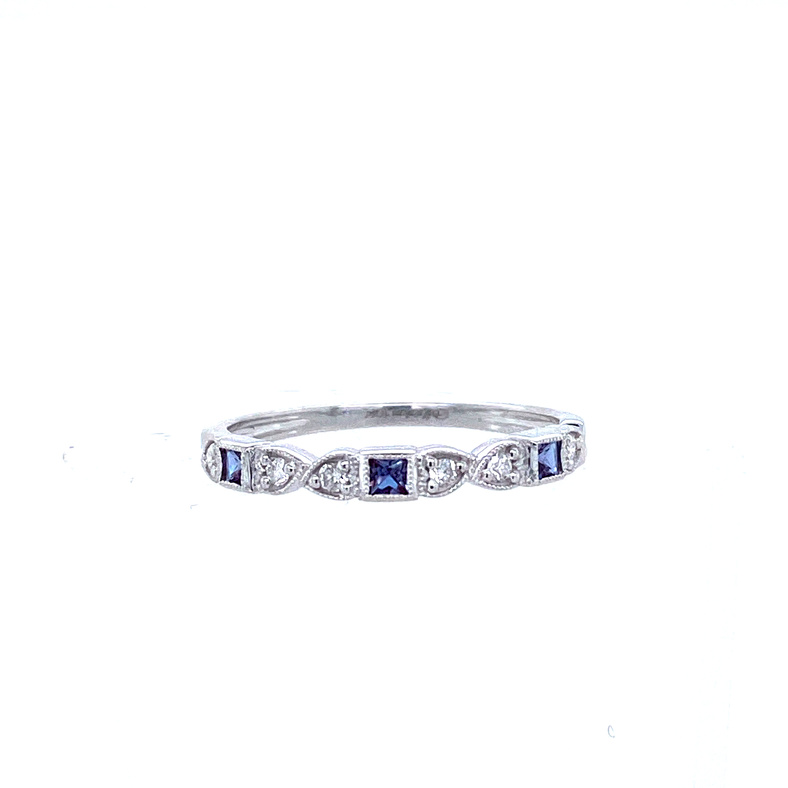 10K WHITE GOLD STACKABLE RING SIZE 7 WITH 6=0.10TW ROUND H-I SI2-I1 DIAMONDS AND 3=0.16TW PRINCESS CREATED ALEXANDRITES