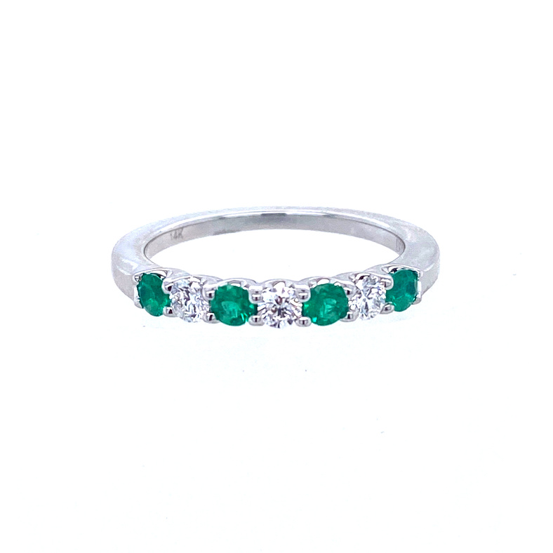 POLISHED 14K WHITE GOLD RING SIZE 6.5 WITH 4=0.28TW ROUND GREEN EMERALDS AND 3=0.22TW ROUND G-H VS2 DIAMONDS