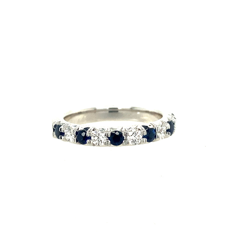 14K WHITE GOLD RING SIZE 6.5 WITH 6=0.63TW ROUND BLUE SAPPHIRES AND 5=0.41TW ROUND G-H SI1 DIAMONDS