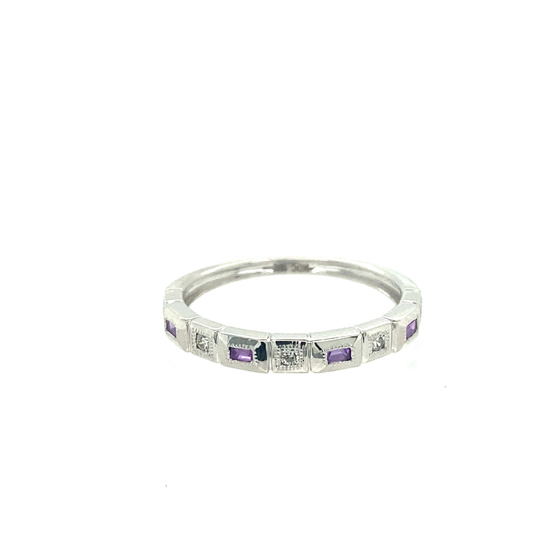 10K WHITE GOLD STACKABLE RING SIZE 6.5 WITH 4=0.06TW BAGUETTE AMETHYSTS AND 5=0.07TW ROUND H-I SI2-I1 DIAMONDS