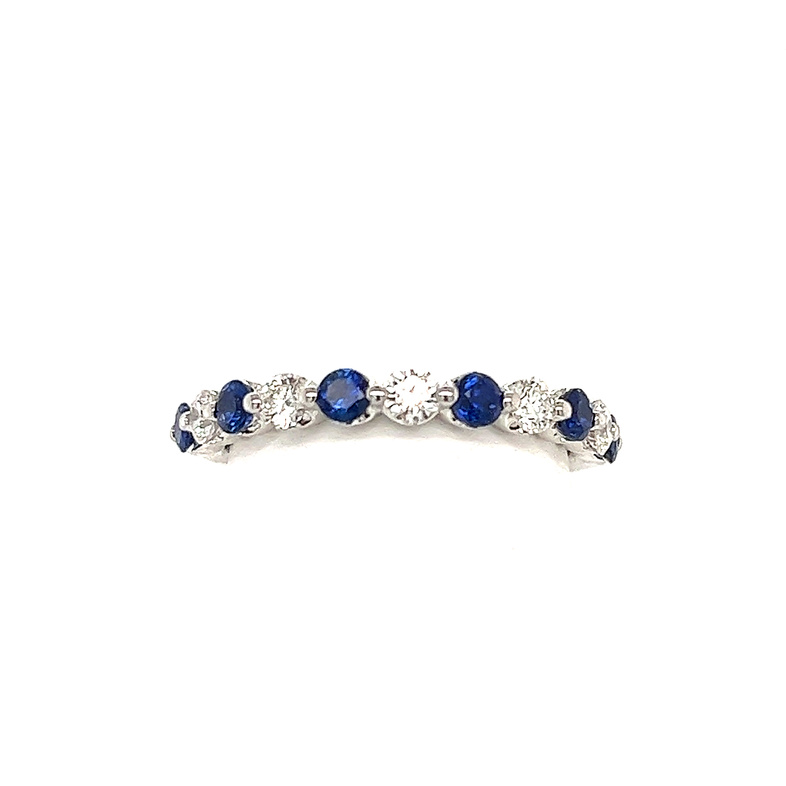 14K WHITE GOLD SHARED PRONG RING SIZE 6.5 WITH 6=0.57TW ROUND BLUE SAPPHIRES AND 5=0.36TW ROUND G-H VS2 DIAMONDS