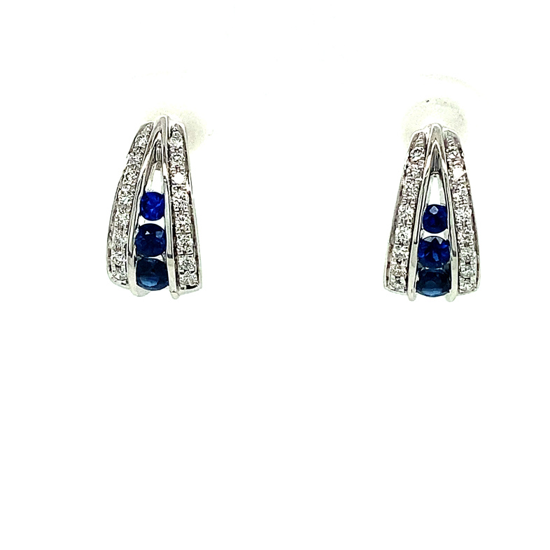 14K WHITE GOLD DROP EARRINGS WITH 6=0.32TW ROUND BLUE SAPPHIRES AND 32=0.14TW ROUND G-H SI1 DIAMONDS
