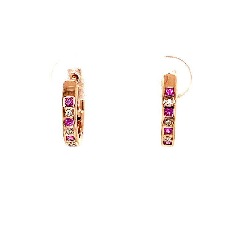 14K ROSE GOLD HUGGIE EARRINGS WITH 8=0.13TW ROUND PINK SAPPHIRES AND 6=0.04TW ROUND G-H SI1-SI2 DIAMONDS