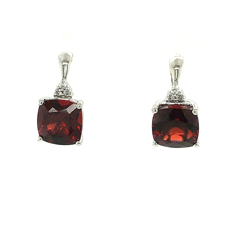 14K WHITE GOLD DROP EARRINGS WITH 2=4.09TW CUSHION GARNETS AND 6=0.05TW ROUND G-H SI1-SI2 DIAMONDS