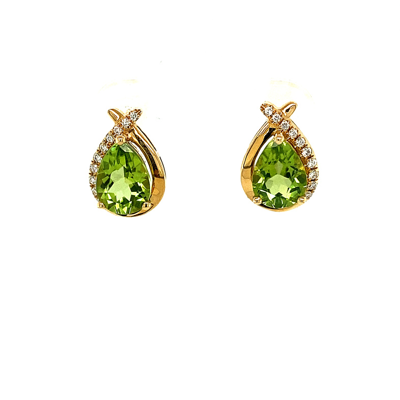 14K YELLOW GOLD DROP EARRINGS WITH 2=2.51TW PEAR PERIDOTS AND 20=0.11TW ROUND G-H SI1-SI2 DIAMONDS