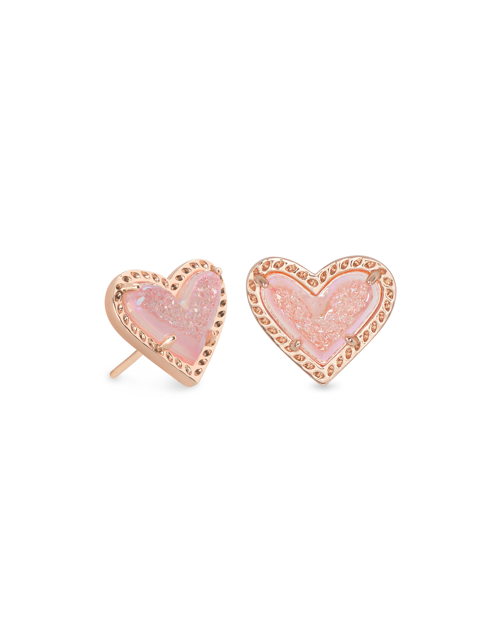 KENDRA SCOTT ARI COLLECTION 14K ROSE GOLD PLATED BRASS FASHION HEART STUD EARRINGS WITH PINK DRUSY