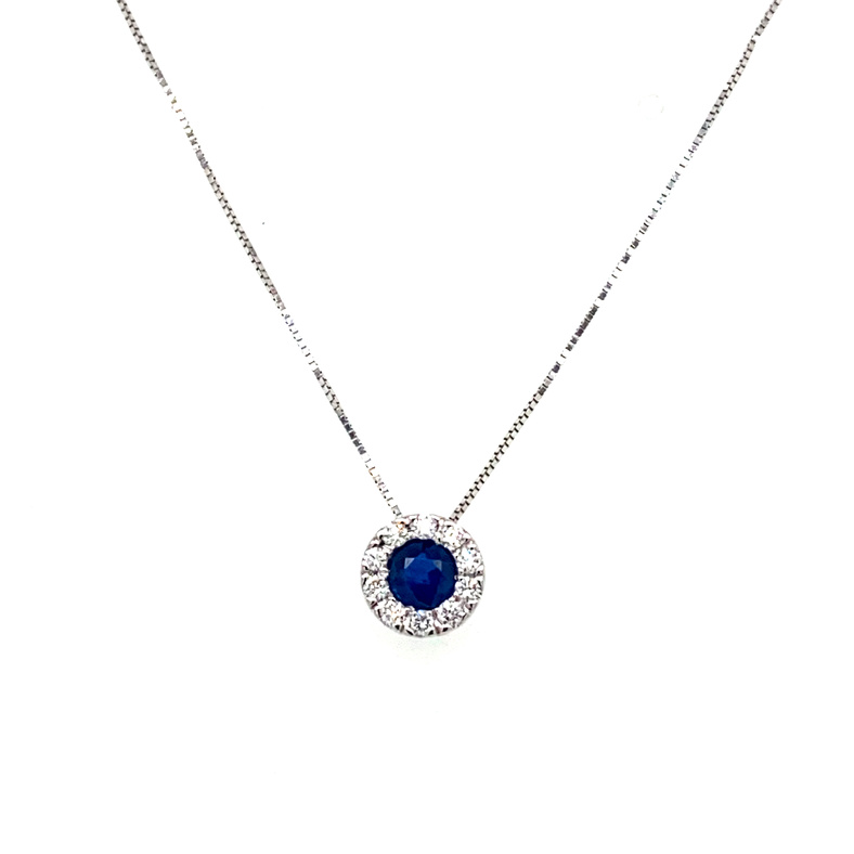 14K WHITE GOLD HALO PENDANT WITH ONE 0.45CT ROUND BLUE SAPPHIRE AND 10=0.16TW ROUND H-I I1 DIAMONDS ON A 14KT WHITE GOLD 18