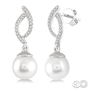 10 KARAT WHITE GOLD DANGLE EARRING WITH 2=7.00X7.00MM CULTURED PEARLS AND 44=0.15TW SINGLE CUT I-J COLOR I1-I2 CLARITY DIAMONDS