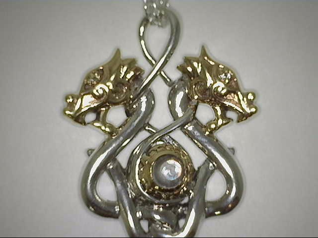 STERLING SILVER & 10 KARAT YELLOW GOLD KEITH JACK PENDANT SMALL DOUBLE DRAGON WITH ONE ROUND CABACHON WHITE TOPAZ 18