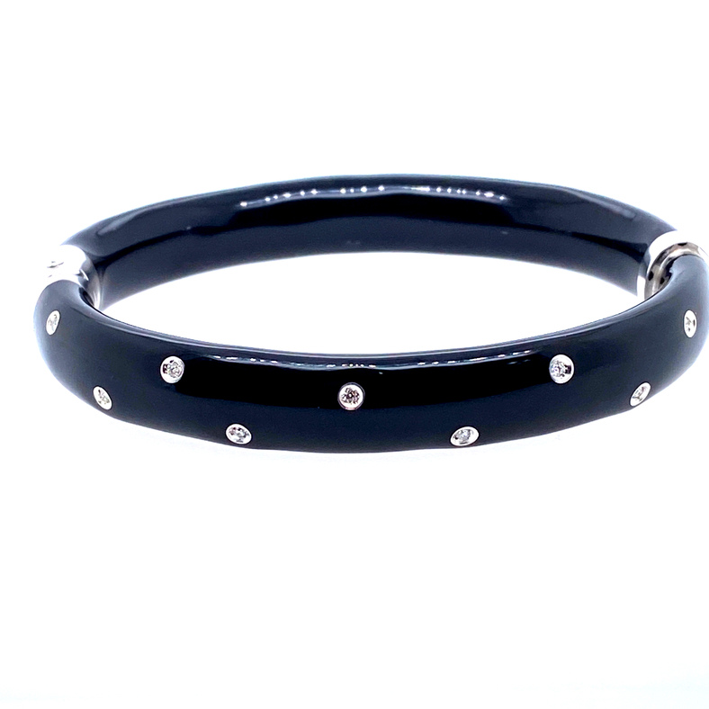 SOHO STERLING SILVER BLACK ENAMELLED BANGLE BRACELET WITH 10=0.12TW ROUND G SI2 DIAMONDS