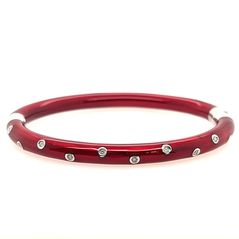 SOHO STERLING SILVER RED ENAMELLED BANGLE BRACELET WITH 10=0.15TW ROUND G SI2 DIAMONDS
