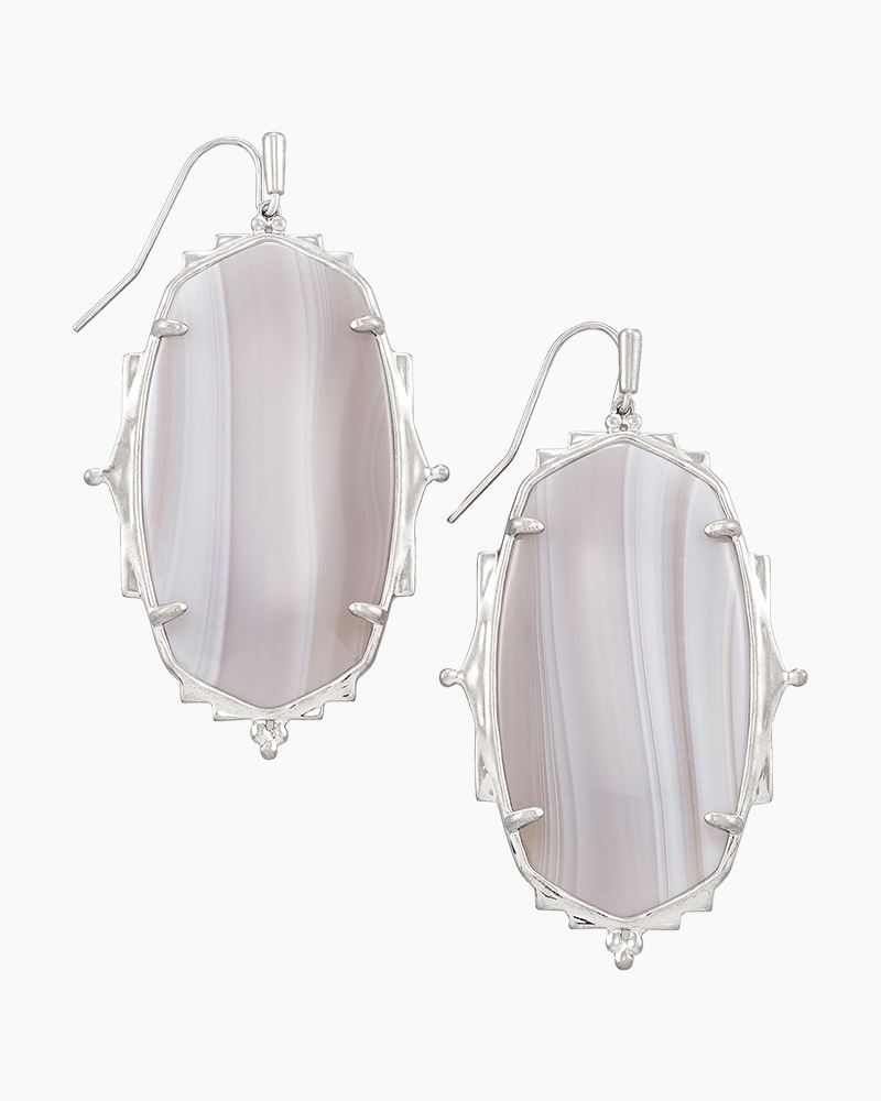 KENDRA SCOTT BAROQUE ELLA COLLECTION RHODIUM PLATED BRASS FASHION EARRINGS WITH GRAY BANDED AGATE