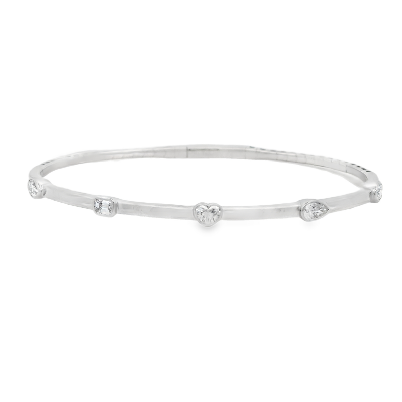 14K WHITE GOLD BANGLE DIAMOND BRACELET WITH 5 = 0.85TW VARIOUS SHAPES G-H SI1-SI2 DIAMONDS (1 MARQUIS  1 EMERALD  1 HEART  1PEAR AND 1 OVAL)