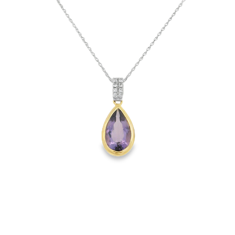 14K YELLOW & WHITE GOLD BEZEL PENDANT WITH ONE = 2.18CT PEAR AMETHYST AND 12 = 0.10TW ROUND I-J I1-I2 DIAMONDS ON 18